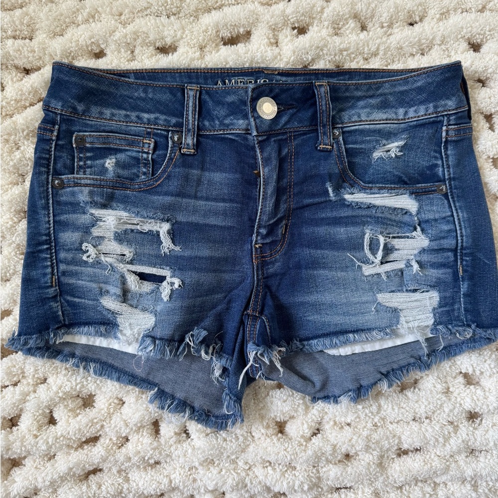 American Eagle Outfitters Women's Ripped Jean Shorts - Dark Blue